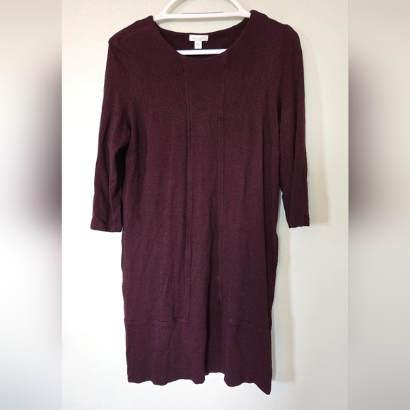 J. Jill Dress Herringbone Ponte Knit 3/4 Sleeve Scoop Neck Burgundy Size Small - Picture 1 of 10